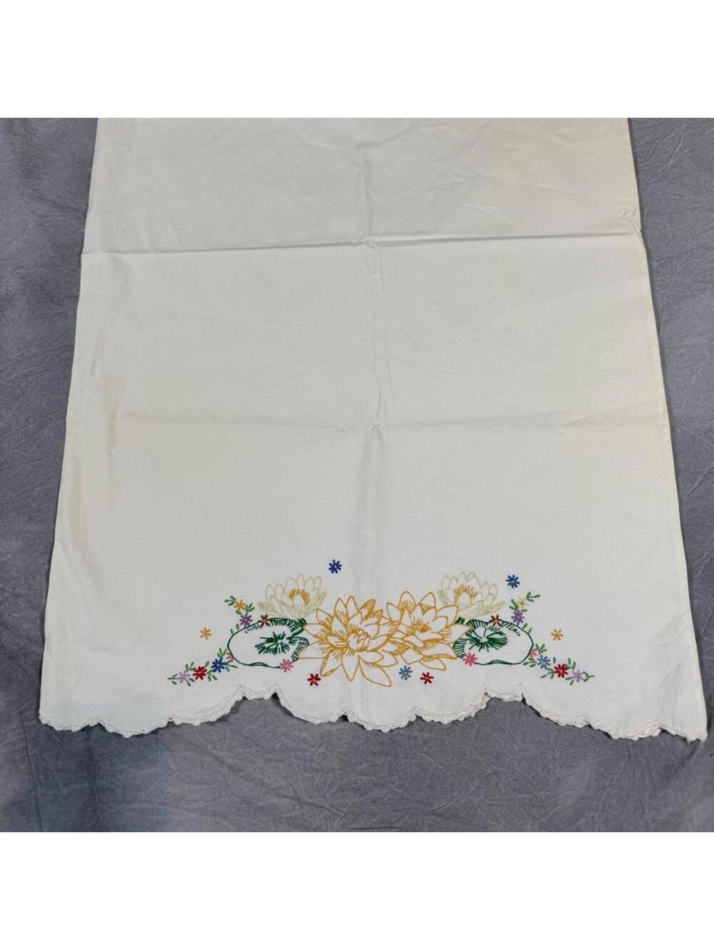 Vintage 60s 70s Hand Embroidered Floral Pillowcase Crochet Scalloped Cottagecore